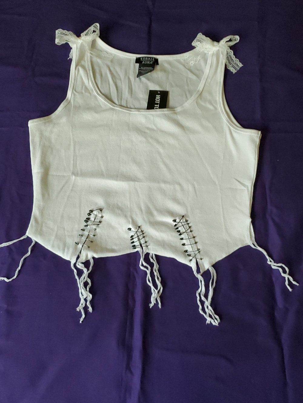 Hot Topic White Ribbed Lace-Shoulder Tank with Safety Pin Lacing